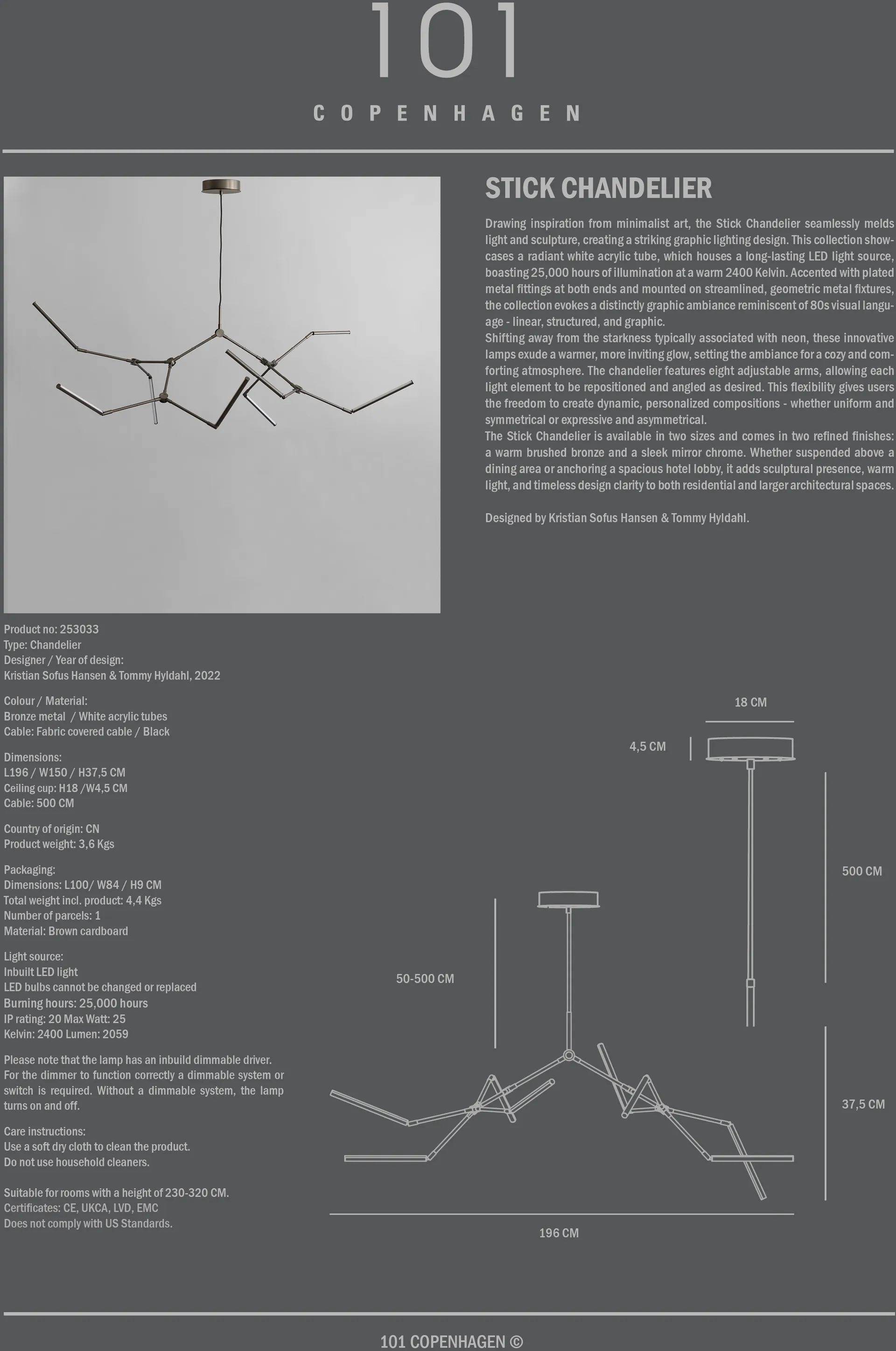 Stick chandelier chandelier, Bronze 101 Copenhagen