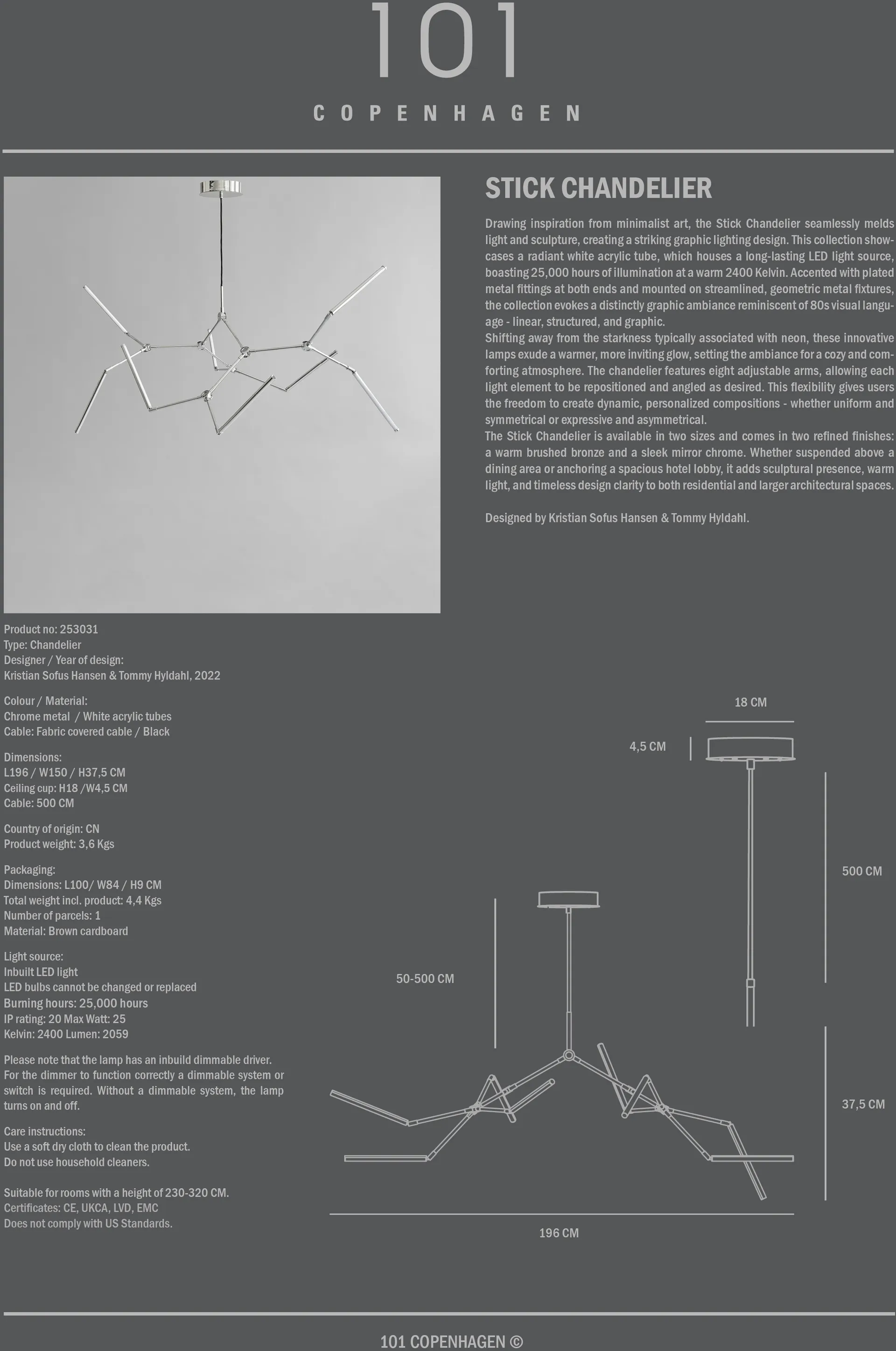 Stick chandelier Kronleuchter, Chrome 101 Copenhagen