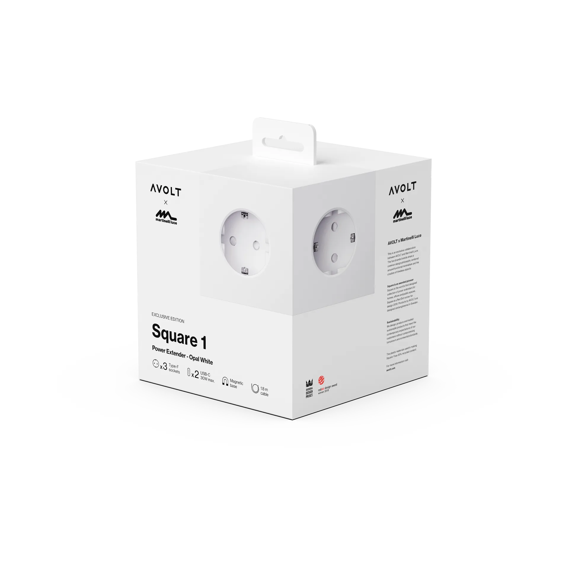 Square 1 Steckdose USB-C 30W 1,8 m, White Martinelli Luce edition Avolt