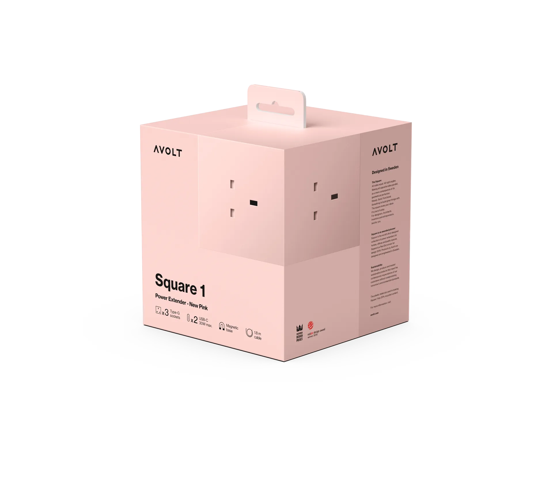 Square 1 UK power strip USB-C 30W 1.8 m, New Pink Avolt