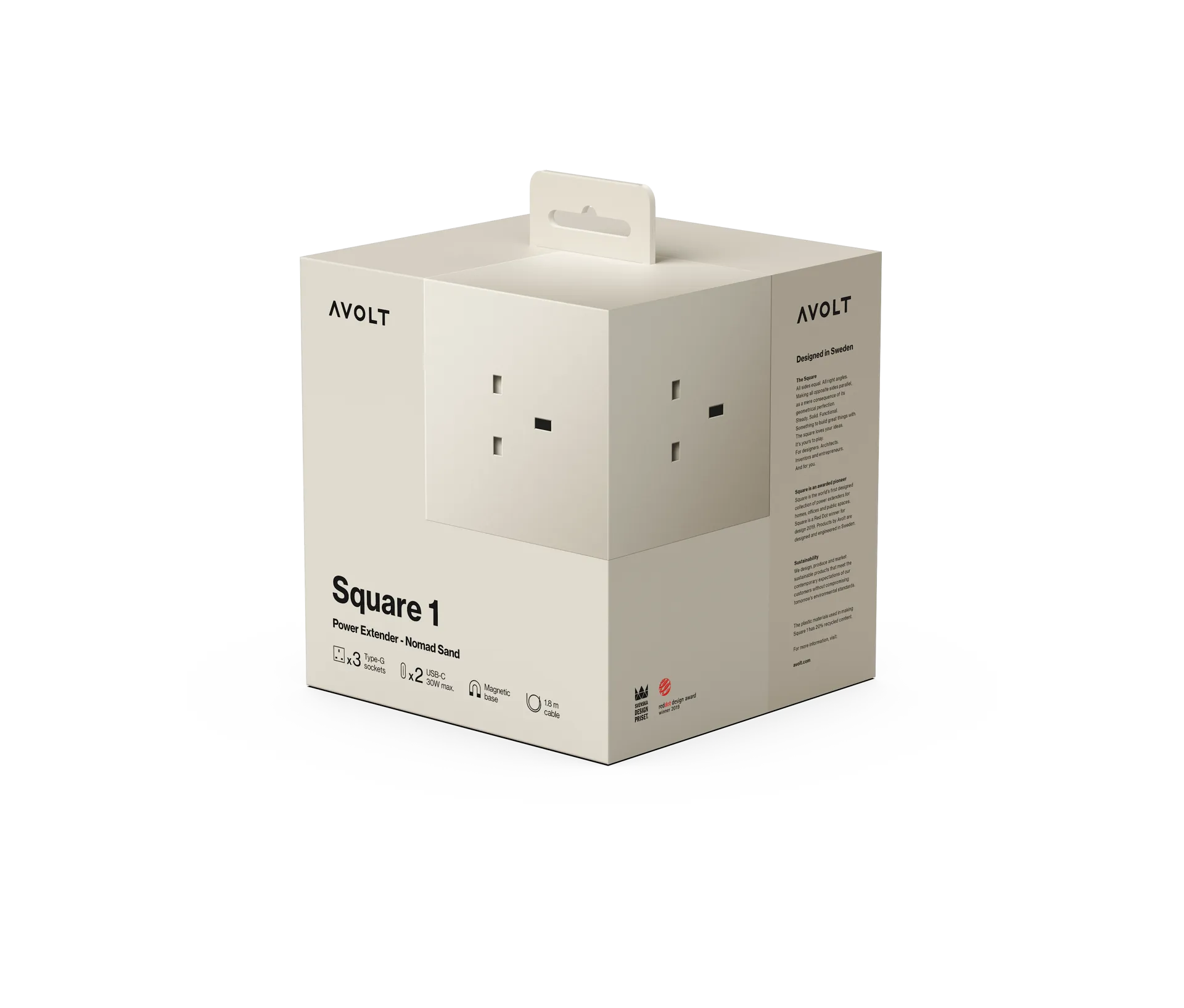 Square 1 UK power strip USB-C 30W 1.8 m, Nomad Sand Avolt
