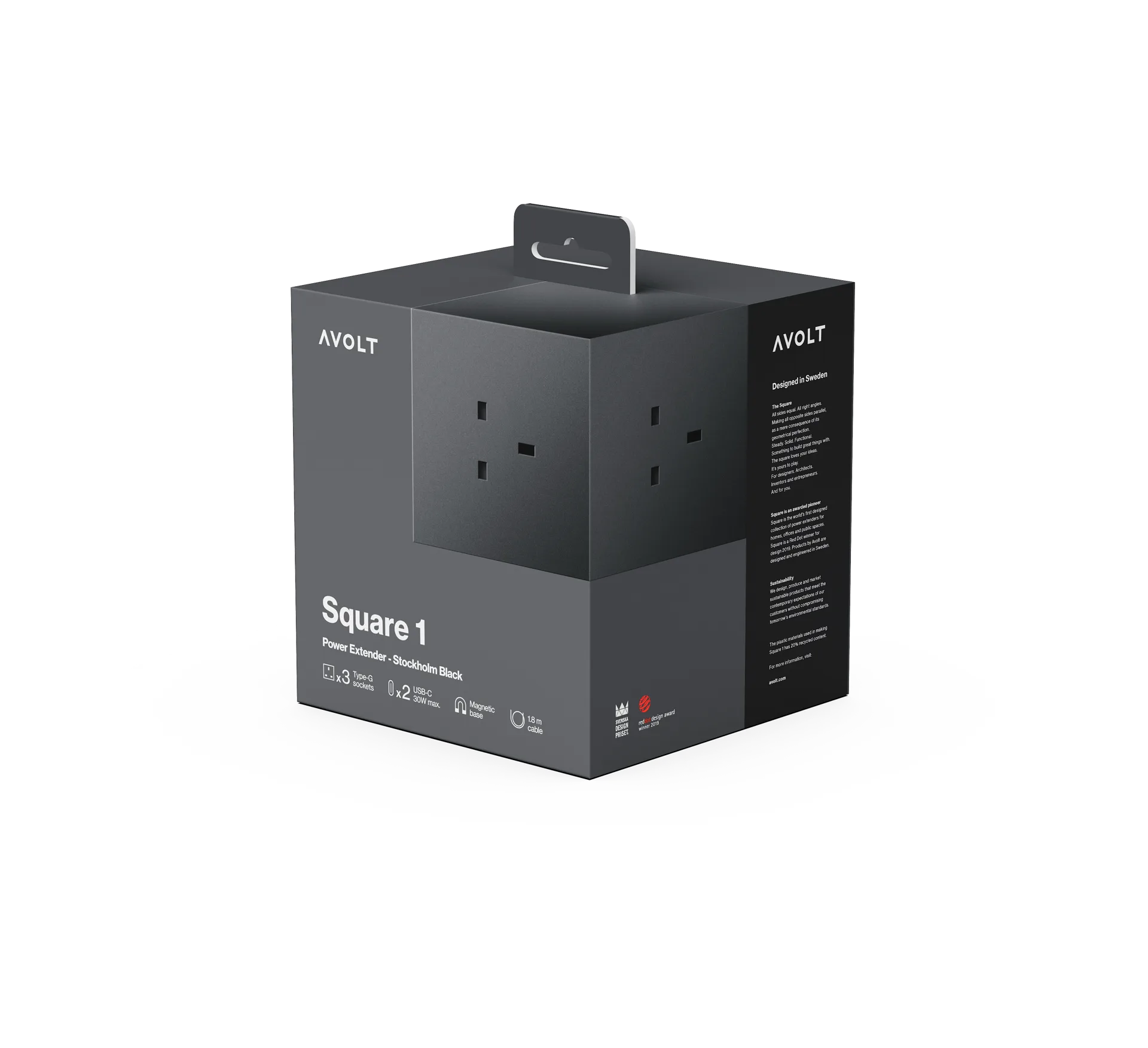 Square 1 UK power strip USB-C 30W 1.8 m, Stockholm Black Avolt