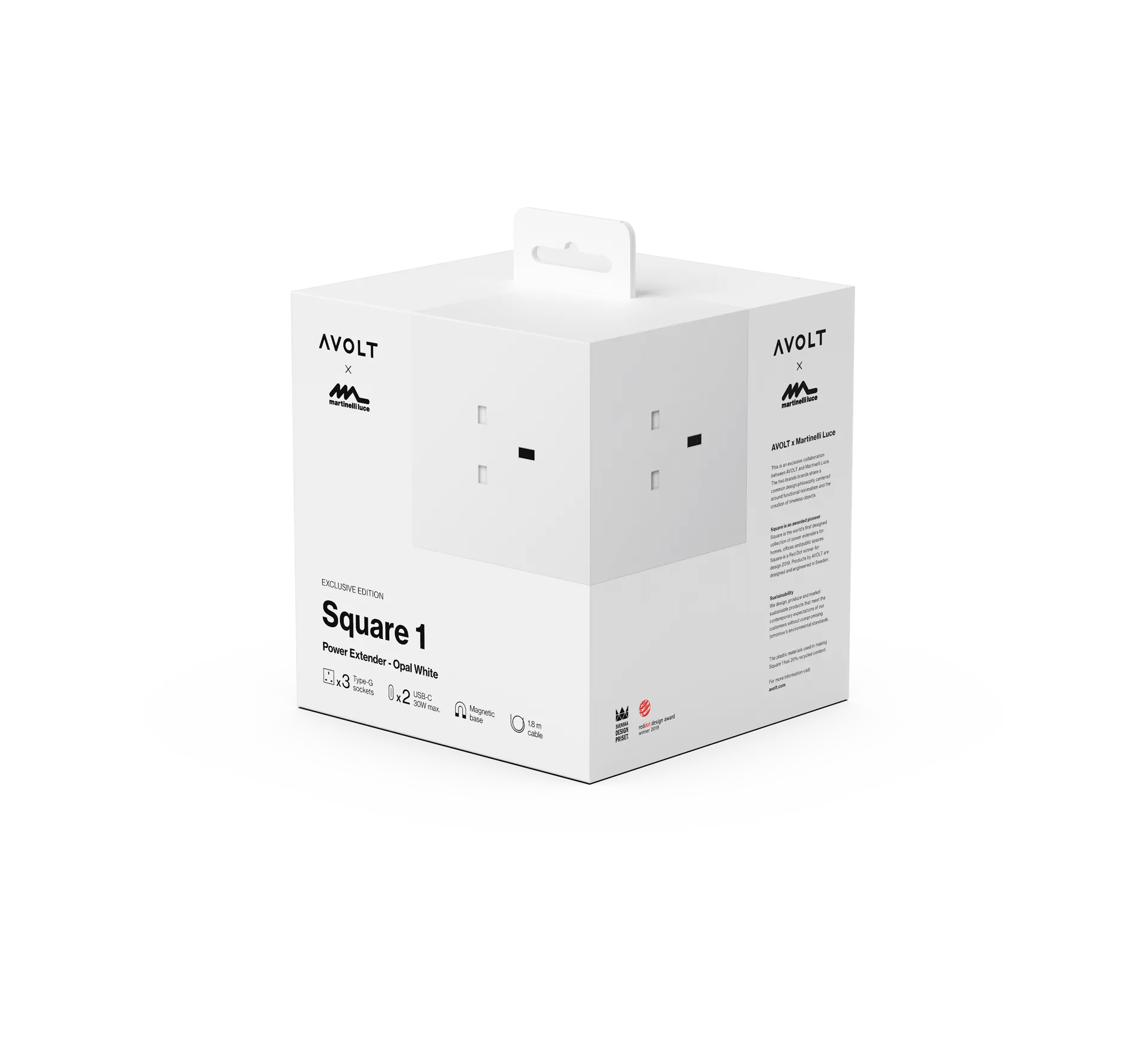 Square 1 UK power strip USB-C 30W 1.8 m, White Martinelli Luce edition Avolt