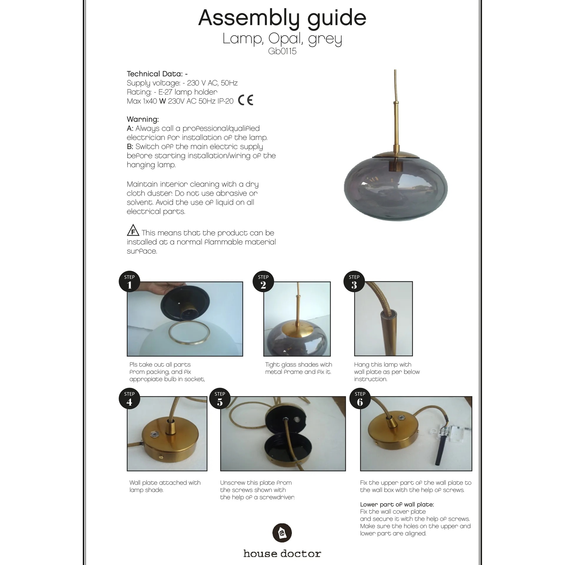 Opal taklampa, grå House Doctor