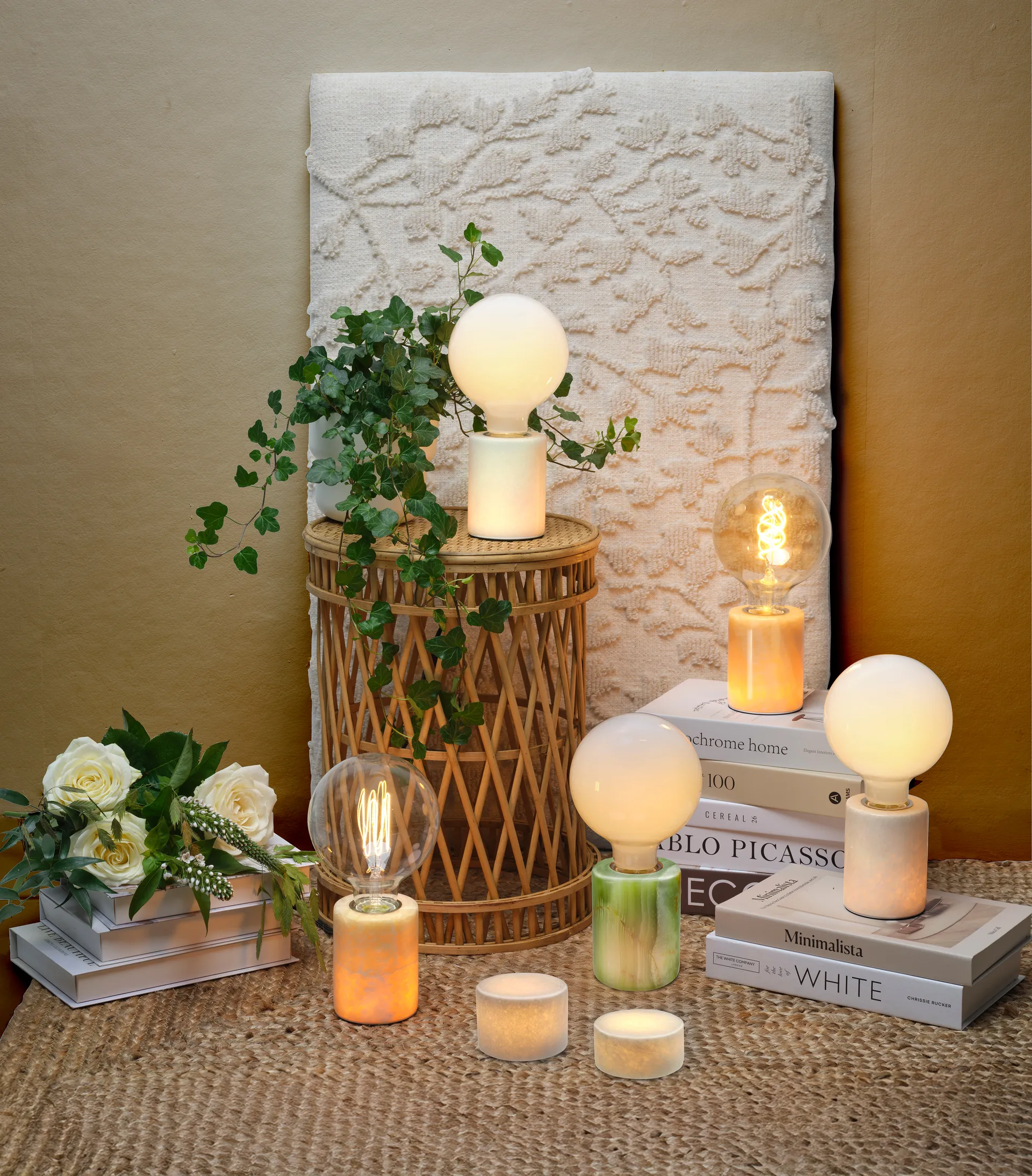 Marble table candle, White silk matte, Ø8x6 cm Unison